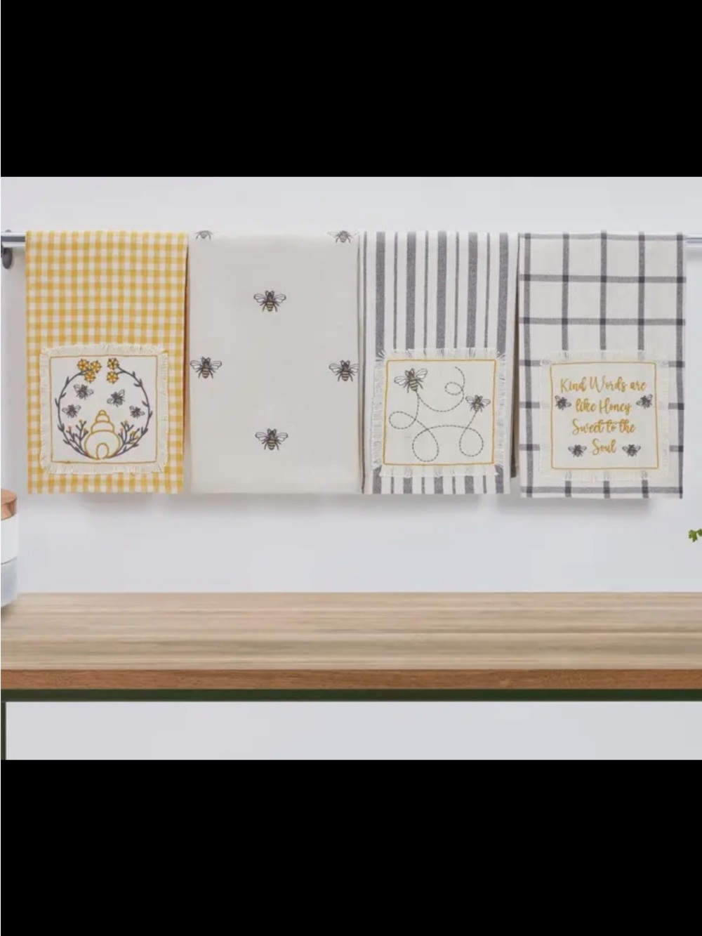 Buzzy Bee Embroidered Yellow and Cream Kitchen Dish Towels - Set of 4